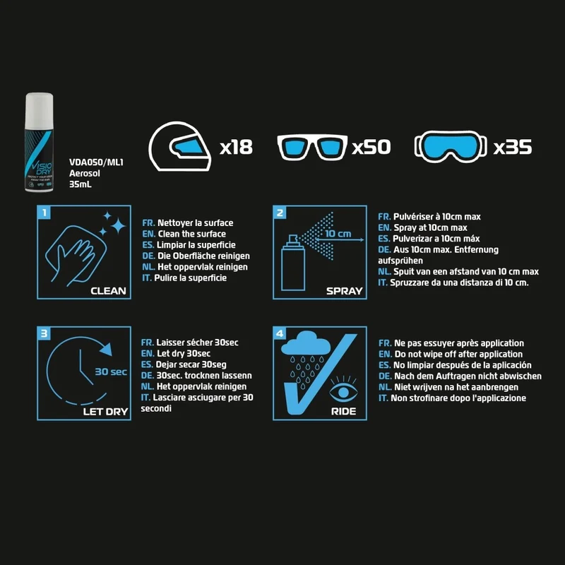 Spray ANTI-PLUIE VISIODRY® - Pour Visière Casque LIFE