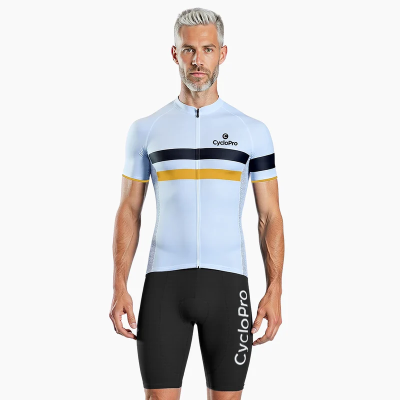 MAILLOT DE CYCLISTE ROUTE BLANC - ELEGANCE+ (BANDE BLEUE ET JAUNE)