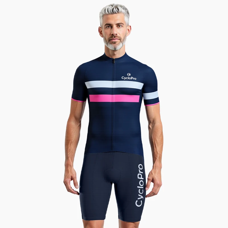 MAILLOT DE CYCLISTE ROUTE NOIR (bandes blanche et rose) - ELEGANCE+