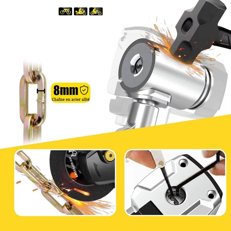 GripGuard™ | Antivol velo avec chaîne résistante et revêtement anti-rayures