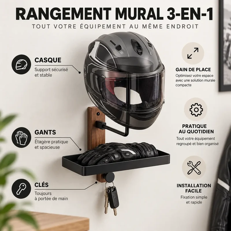Porte casque moto mural bois métal + crochet clé