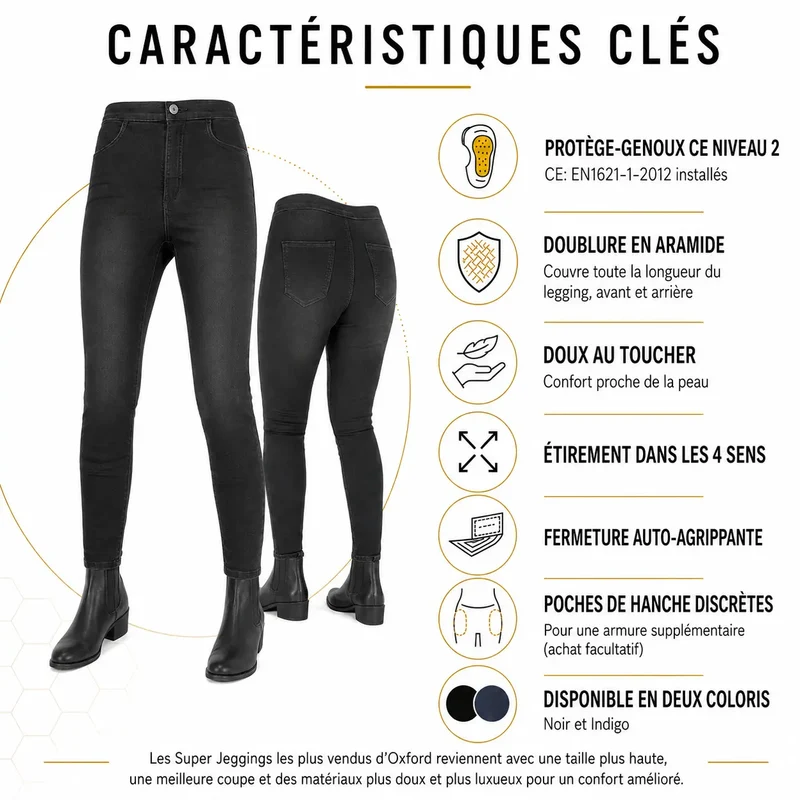 Jean Moto Femme Noir Stretch — Confort d'un Legging, Genouillères CE | RAVEN™