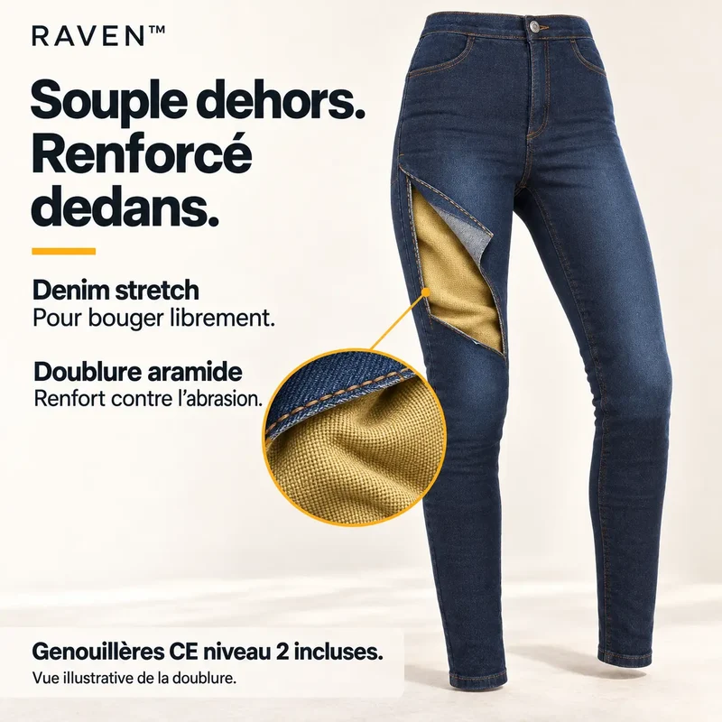 Pantalon Moto Femme JEGGINGS Taille Haute - Kevlar + Protection CE2 | RAVEN™