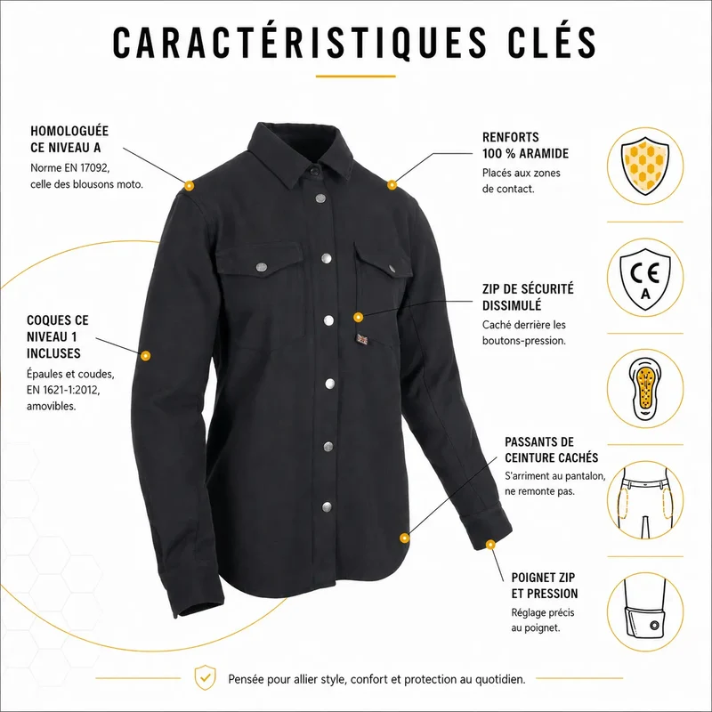 Veste Surchemise Moto Femme Noire — Aramide & Protections CE | VALA™