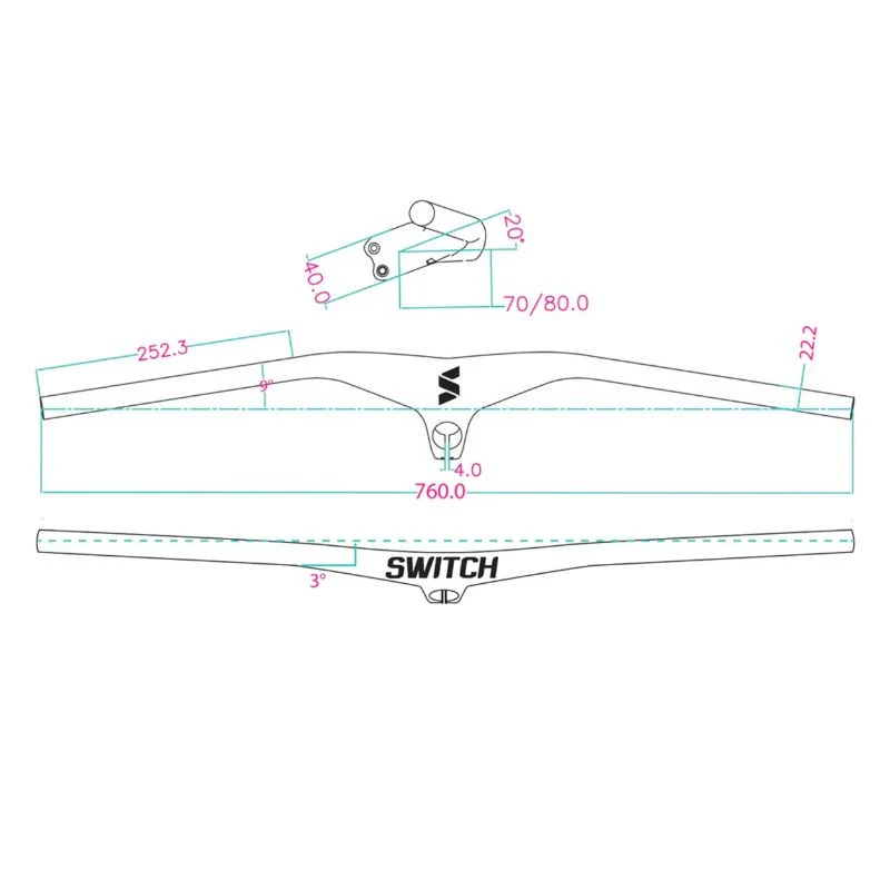CINTRE VTT DROIT SWITCH CONCORDE AVEC POTENCE INTEGREE FULL CARBONE L760mm POTENCE L 80mm (poids 260g) POUR PIVOT 1" 1/8.