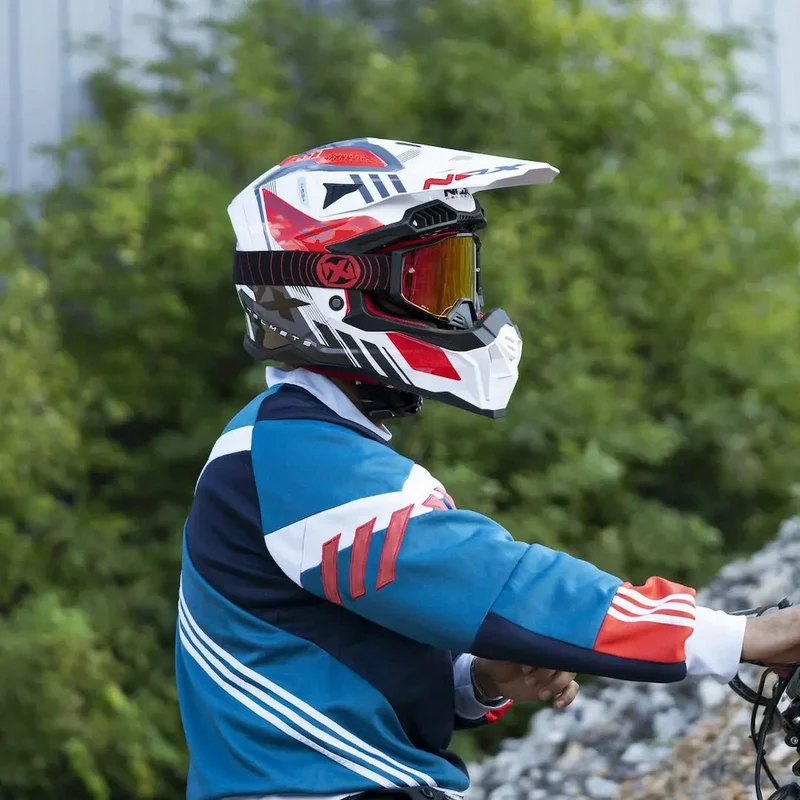 Casque Moto Cross N634 Storm Blanc Bleu Rouge | NOX