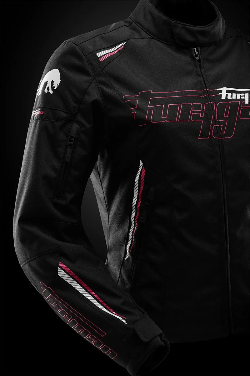Blouson Moto Femme Furygan AGATA Noir-Blanc-Rose — CE AA