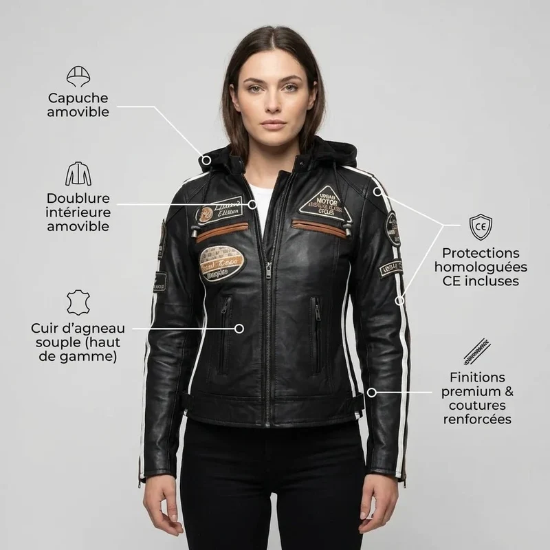 Blouson cuir moto femme style vintage | LEGENDARY 58™ Noir