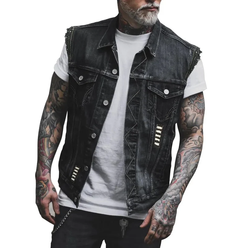 Gilet biker jeans avec patch - Crâne Ailé Café Racer | SOLDES