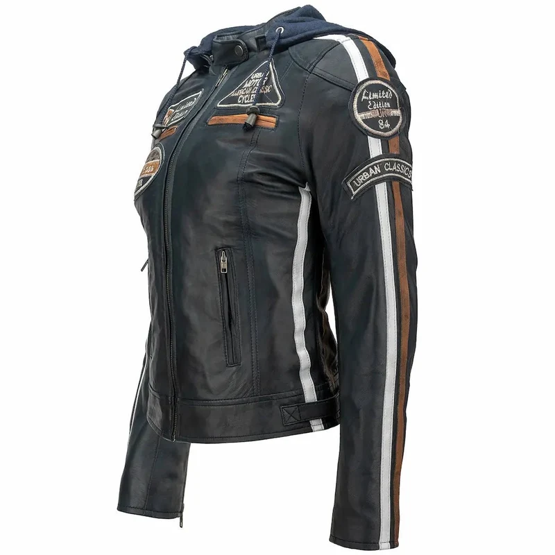 Blouson cuir moto femme style vintage | LEGENDARY 58™ Bleu Navy