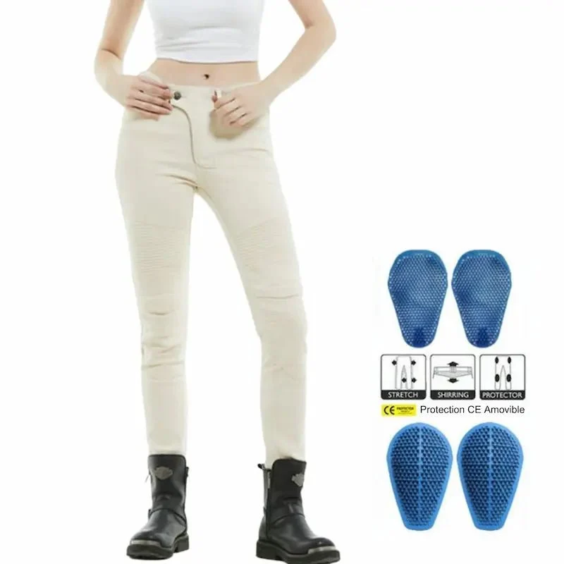Jeans moto femme Slim-Fit blanc avec taille élastique