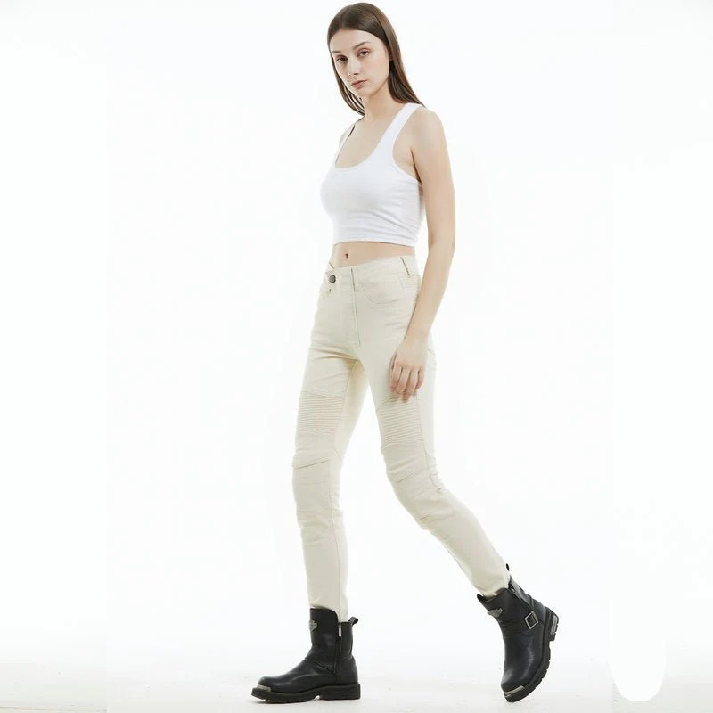 Jeans moto femme Slim-Fit blanc avec taille élastique