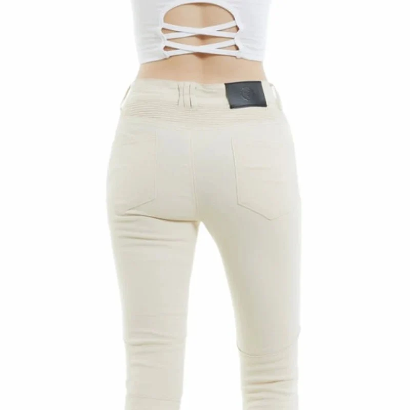 Jeans moto femme Slim-Fit blanc avec taille élastique
