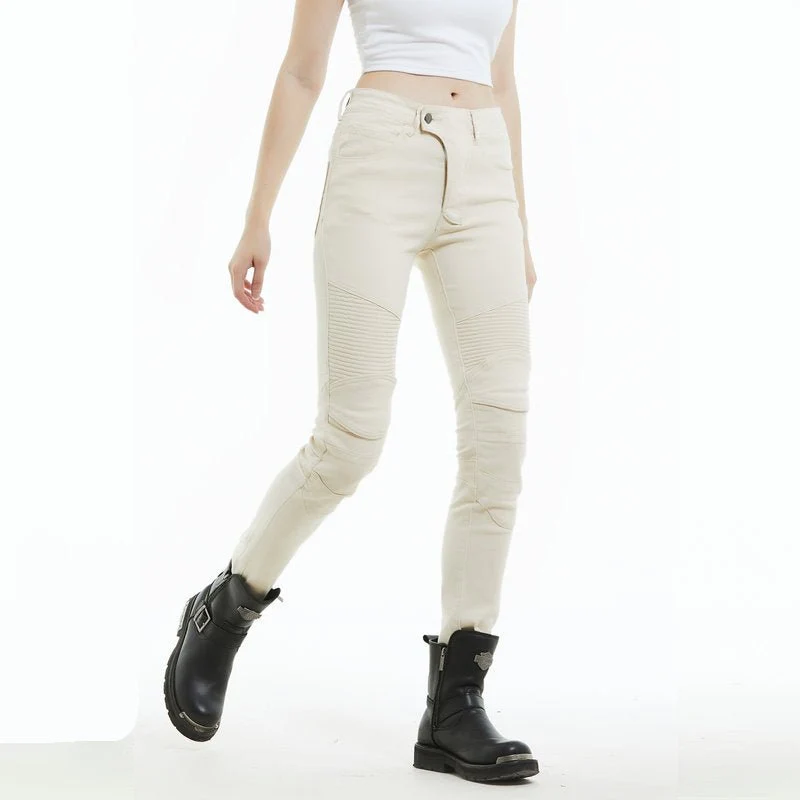 Jeans moto femme Slim-Fit blanc avec taille élastique