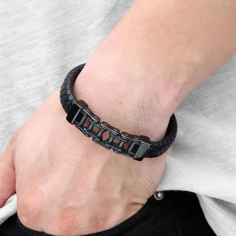 Bracelet chaine moto et cuir