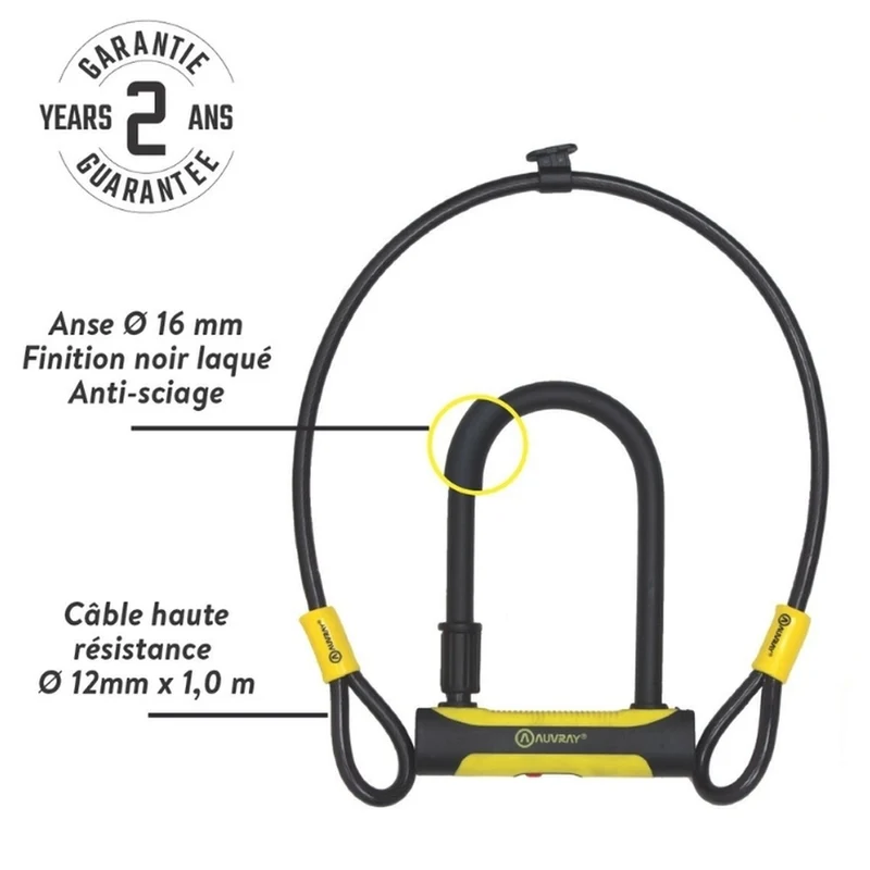 Antivol velo U 2-en-1 Auvray U ROC avec antivol câble et support de fixation
